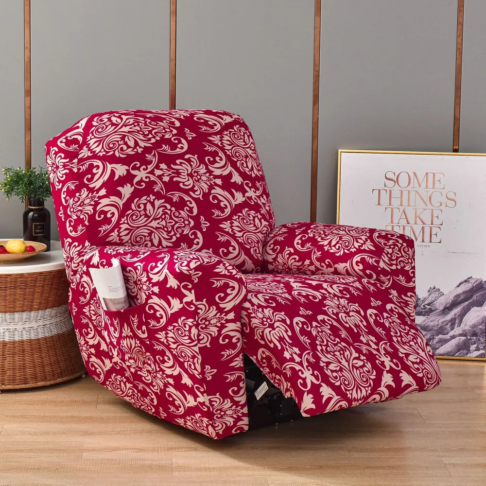A deep red floral print recliner and sofa slipcover set displayed on a wooden floor.
