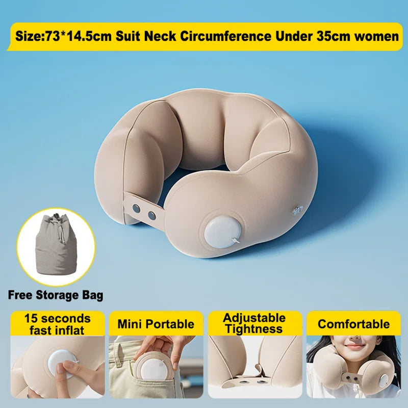 A beige inflatable U-shaped travel pillow designed for neck comfort, shown with a storage bag and usage examples.