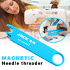 A blue magnetic needle threader tool is shown next to a sewing machine, with an inset showing its use.