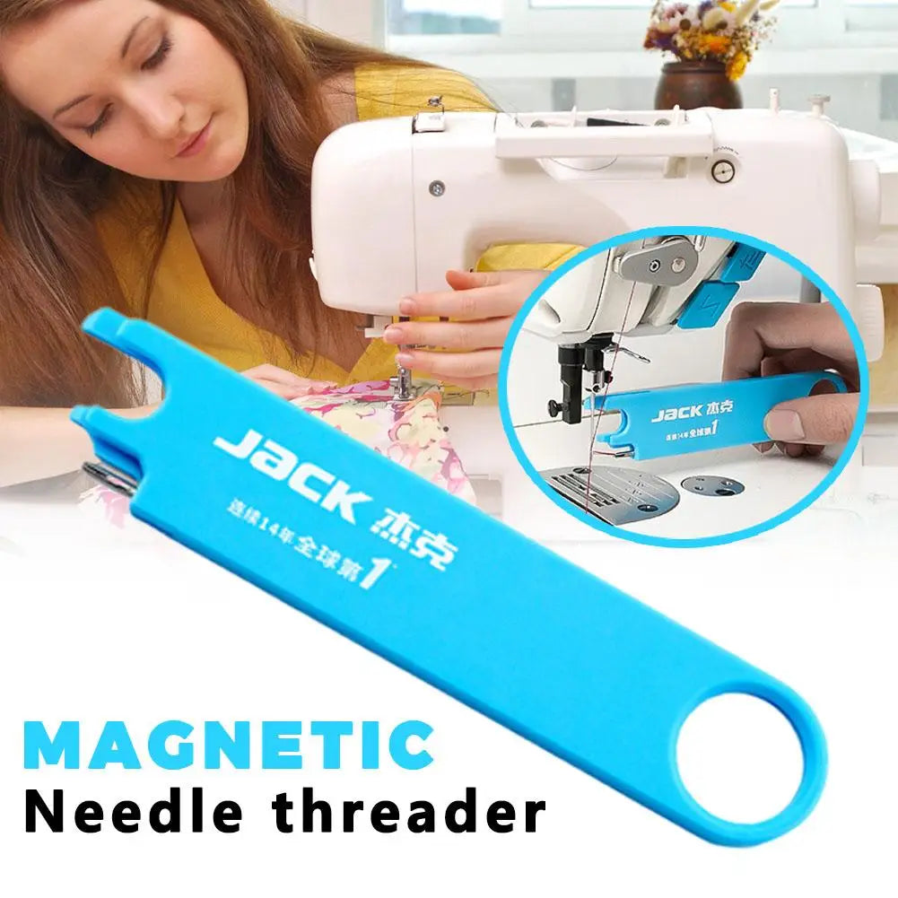 A blue magnetic needle threader tool is shown next to a sewing machine, with an inset showing its use.
