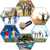 A metal button extender tool is shown with various people and clothing items in a hexagonal collage.