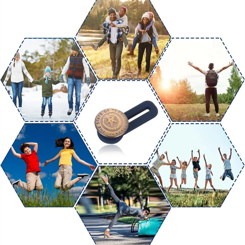 A metal button extender tool is shown with various people and clothing items in a hexagonal collage.