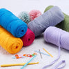A collection of thick, multicolored polyester blended yarn spools and strands for crafting projects.