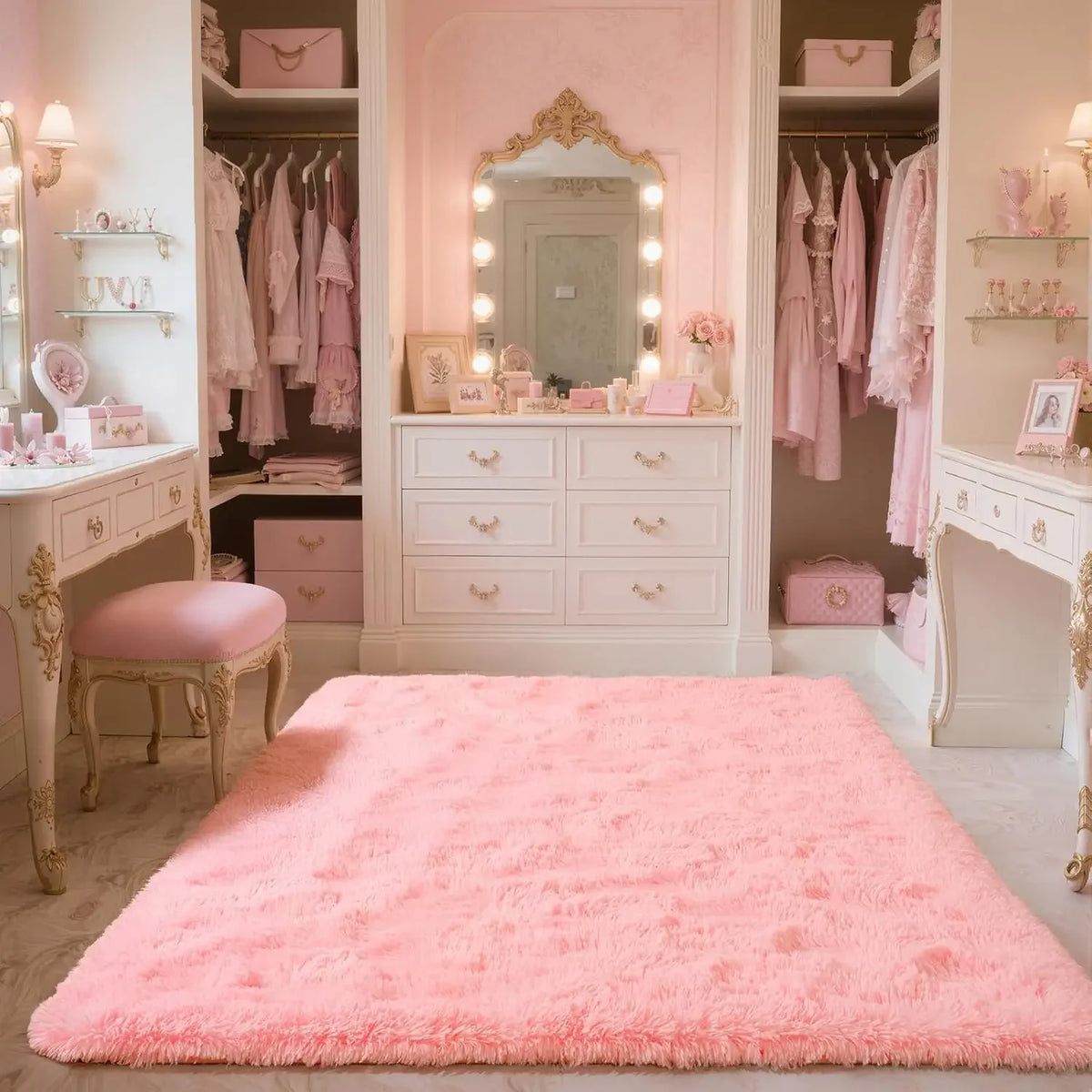 A plush pink bedroom carpet with a fluffy texture is displayed in a bright, feminine room setting.