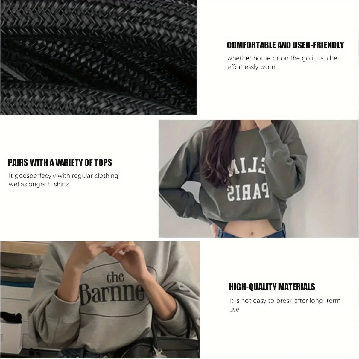 A close-up of a dark patterned fabric and a model wearing a gray sweatshirt.