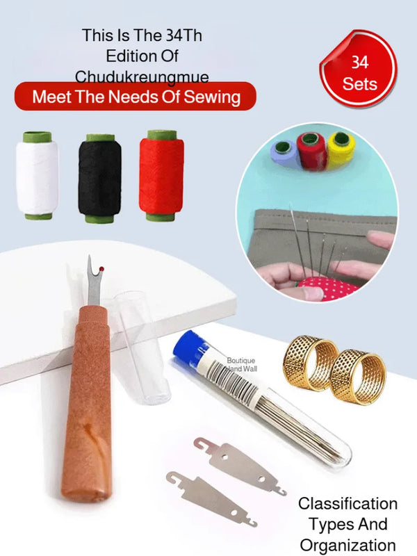 A collection of sewing tools including thread spools, a leather needle, and various types of sewing needles for classificatio