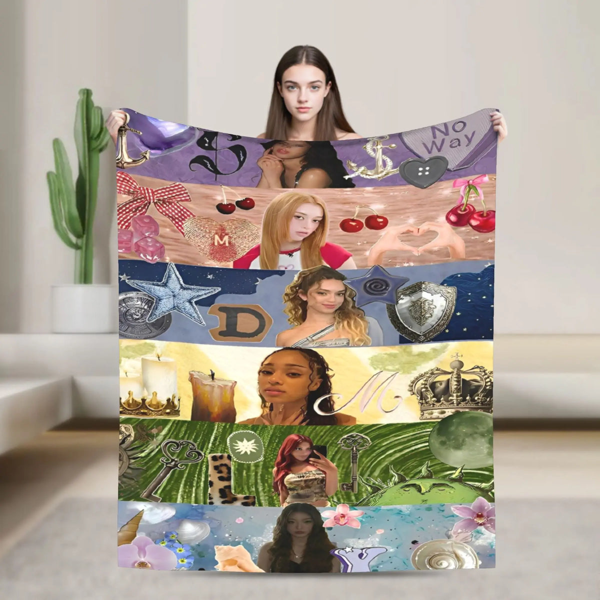 A colorful fleece throw blanket featuring various K-Pop themed designs and faces.