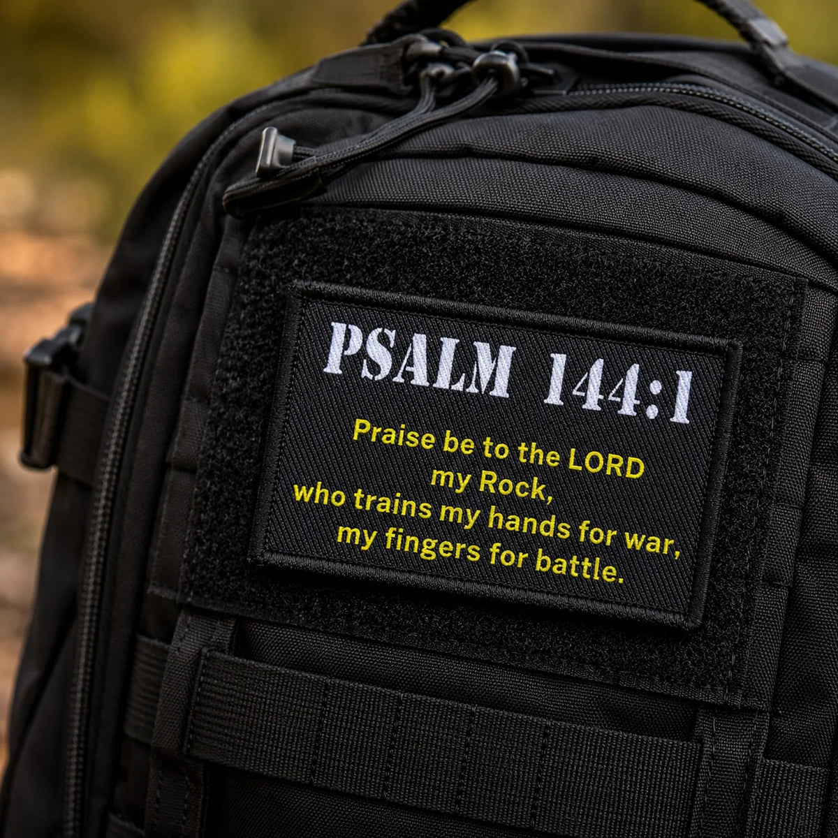 Black combat patch badge embroidered with Psalm 144:1
