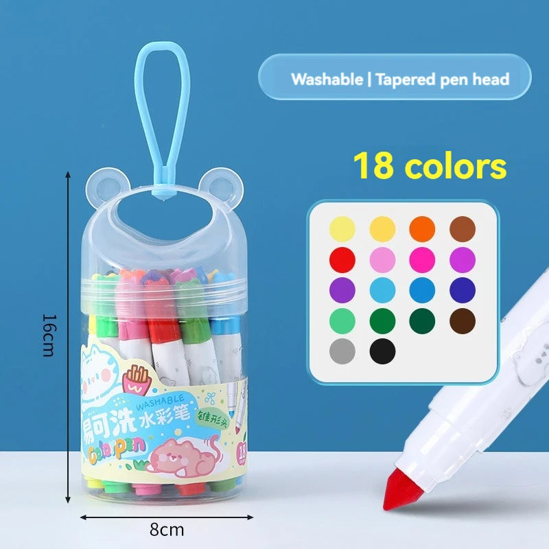 A clear container of 18 washable tapered pen head art markers in various colors is shown next to a white marker pen.