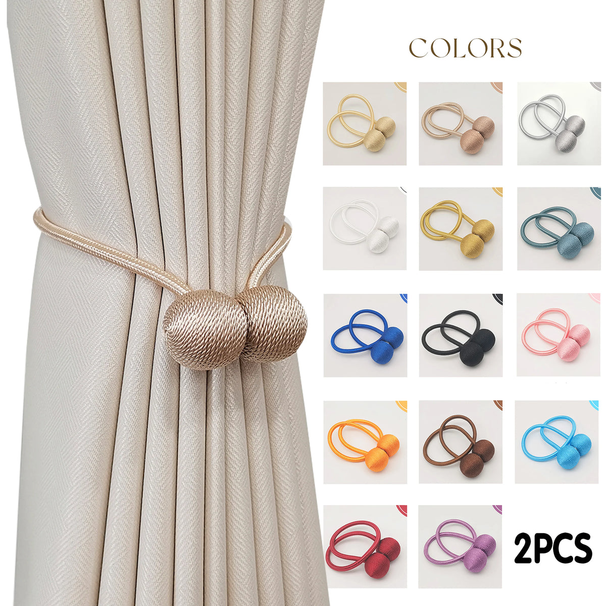 A set of minimalist magnetic ball curtain tiebacks in various colors, including gold, silver, and blue.
