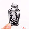 Black embroidery patch featuring a skull and crossbones design with the word POISON on a bottle shape.