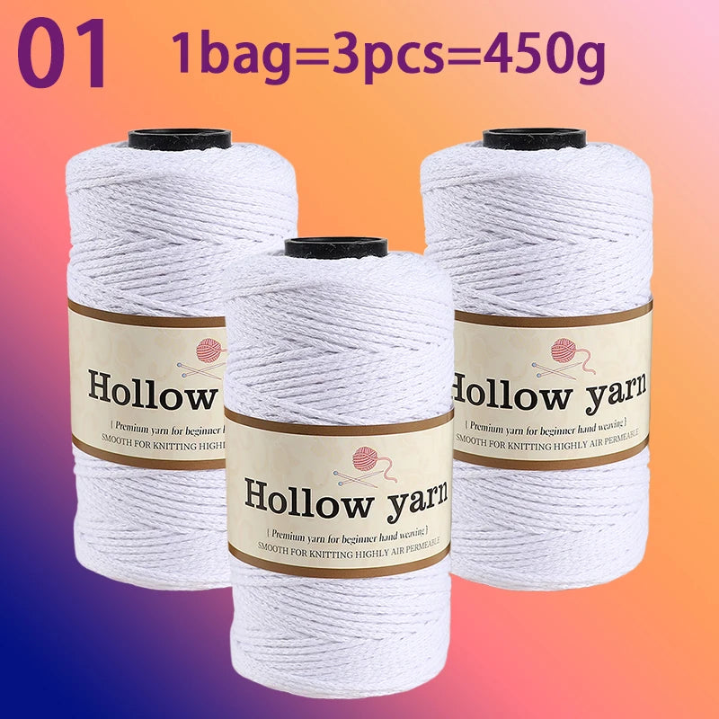 Three spools of Hollow yarn, each 1 bag equals 3 pieces and weighs 450g total for knitting and crochet.