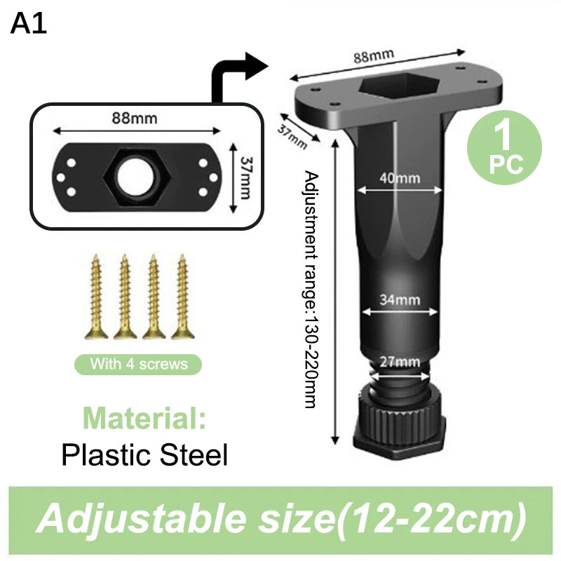 A set of adjustable plastic steel furniture support legs with a 12-22cm size range.