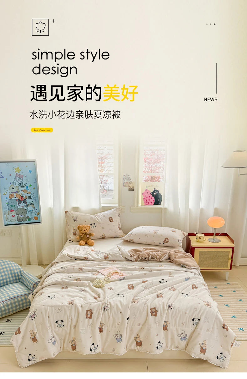 A simple style bedroom featuring a quilted blanket and light decor.