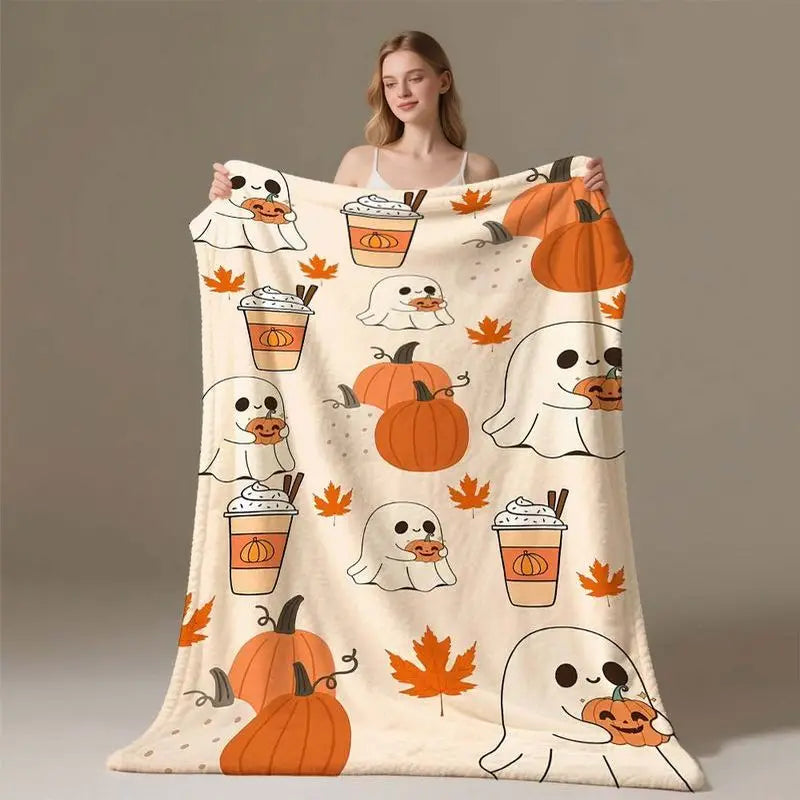 A beige flannel throw blanket featuring an all-over pattern of cute white and orange pumpkin and leaf designs.