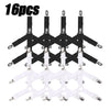 A set of sixteen adjustable bed sheet grippers with clips shown in black and white.
