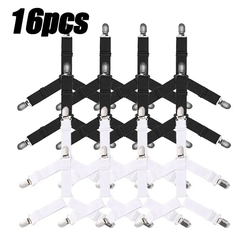 A set of sixteen adjustable bed sheet grippers with clips shown in black and white.