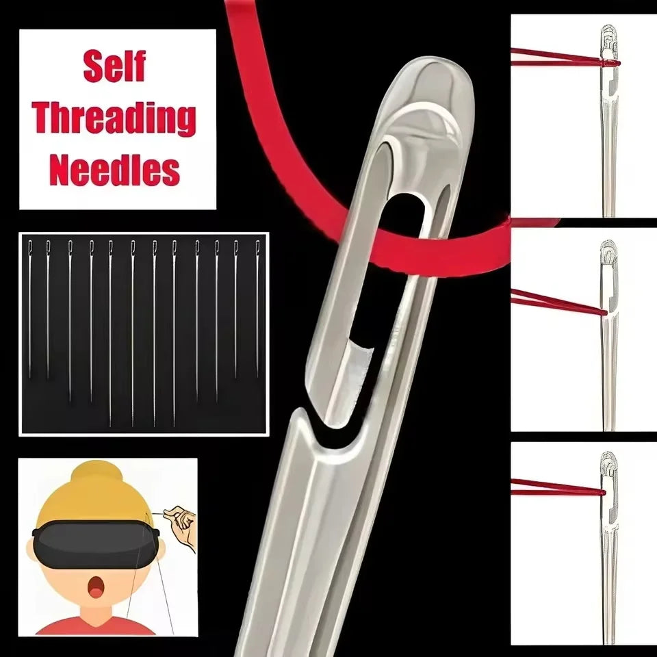 A stainless steel sewing kit showing self-threading needles and a yellow protective mask.