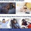 A black contoured sleep mask with a neck pillow is shown being used for travel and sleep.