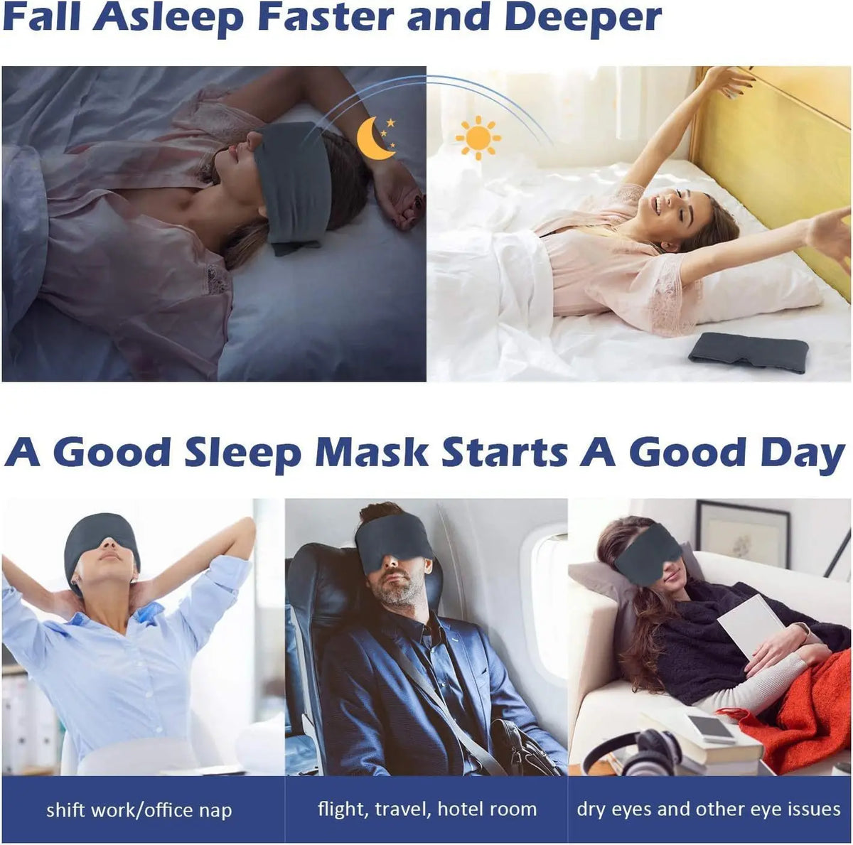 A black contoured sleep mask with a neck pillow is shown being used for travel and sleep.