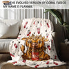 A cozy flannel blanket featuring a cartoon Highland cow print with red and green accents.