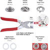 A set of metal snap button fasteners including male and female buttons, pliers, rubber stoppers, and a snap fastener example.