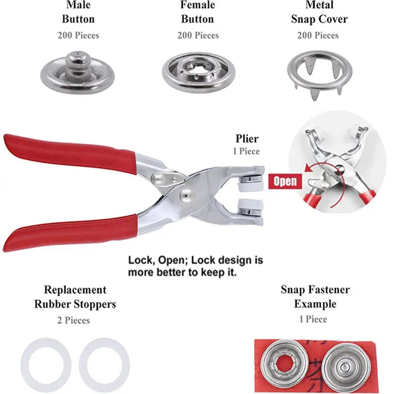 A set of metal snap button fasteners including male and female buttons, pliers, rubber stoppers, and a snap fastener example.