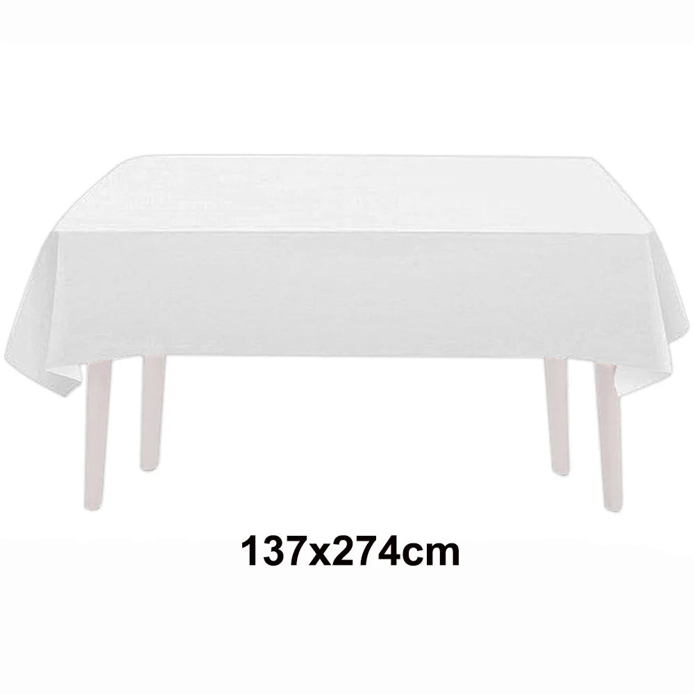A white rectangular tablecloth displayed flat.