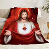 A red and black graphic featuring the Sacred Heart Jesus on a flannel throw blanket.