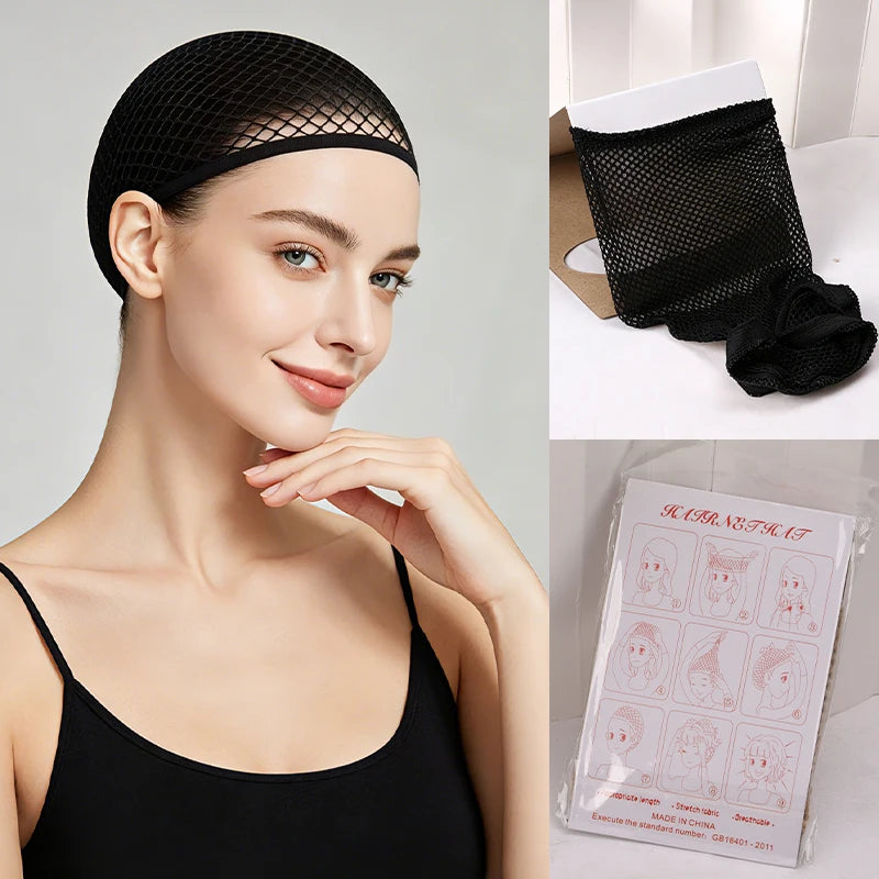 A black breathable fishnet wig cap is shown on a model and packaged for natural hair styling.