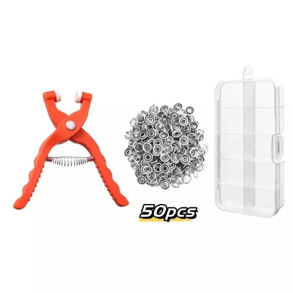 Orange snap fastener crimping pliers with a crochet hook and a pile of metal rings