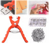 Orange crimping pliers with a crochet hook and a set of silver metal findings.