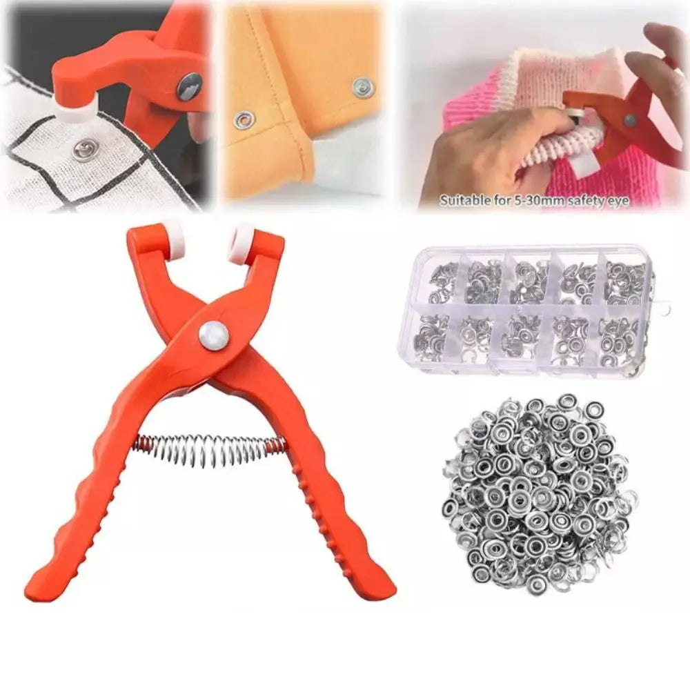 Orange crimping pliers with a crochet hook and a set of silver metal findings.