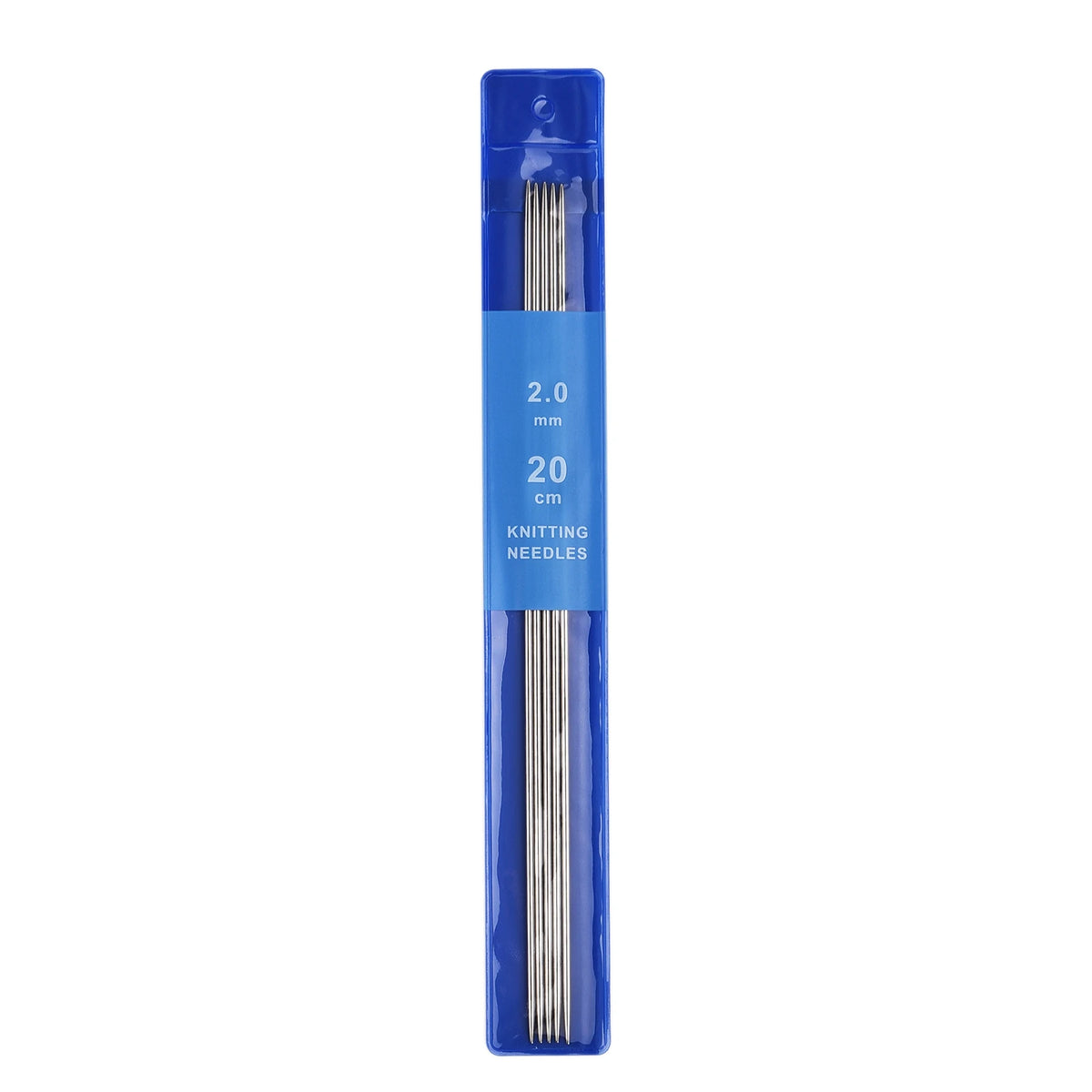 A blue container holding a set of 20cm stainless steel knitting needles.