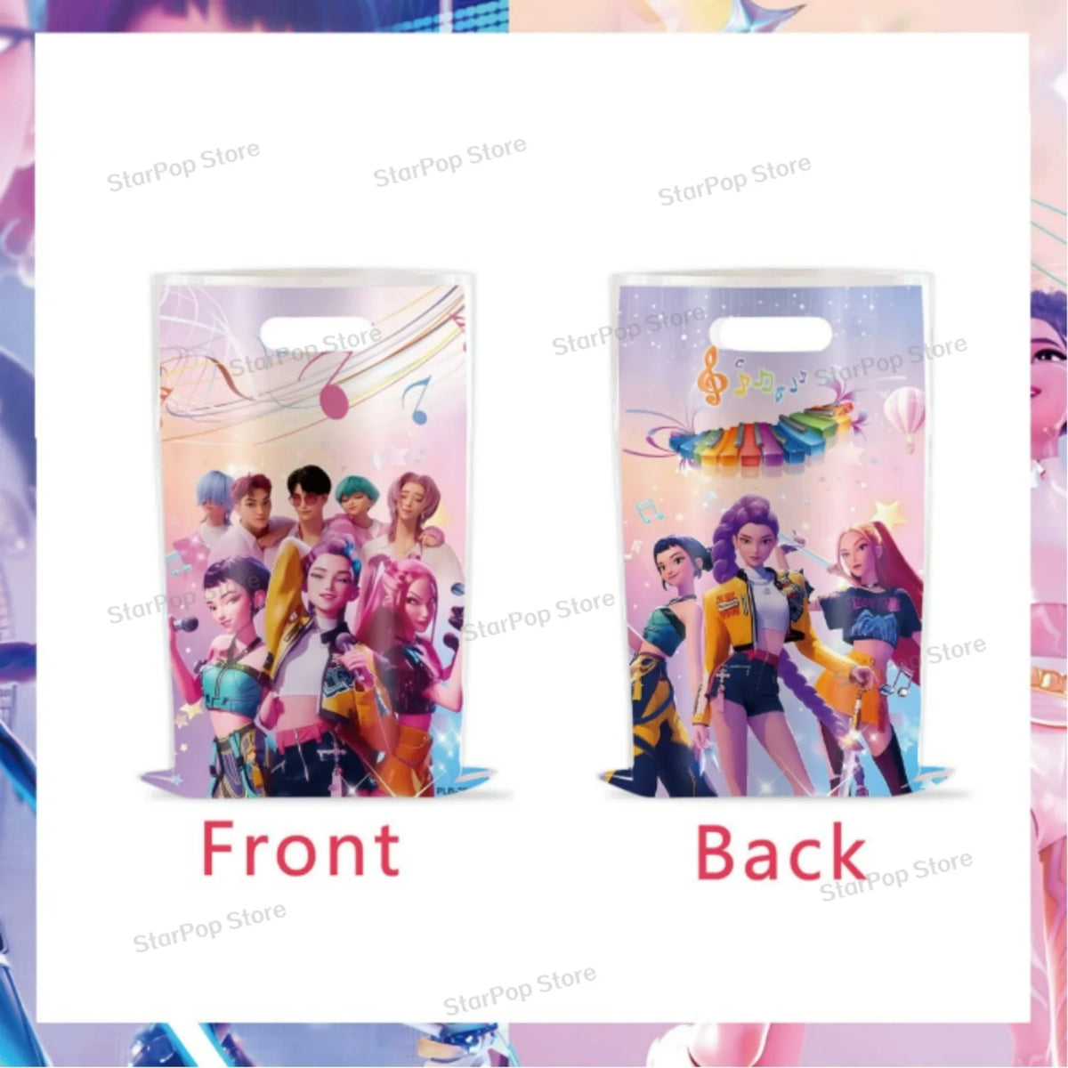 Front and back views of cartoon paper gift bags for parties and small treats