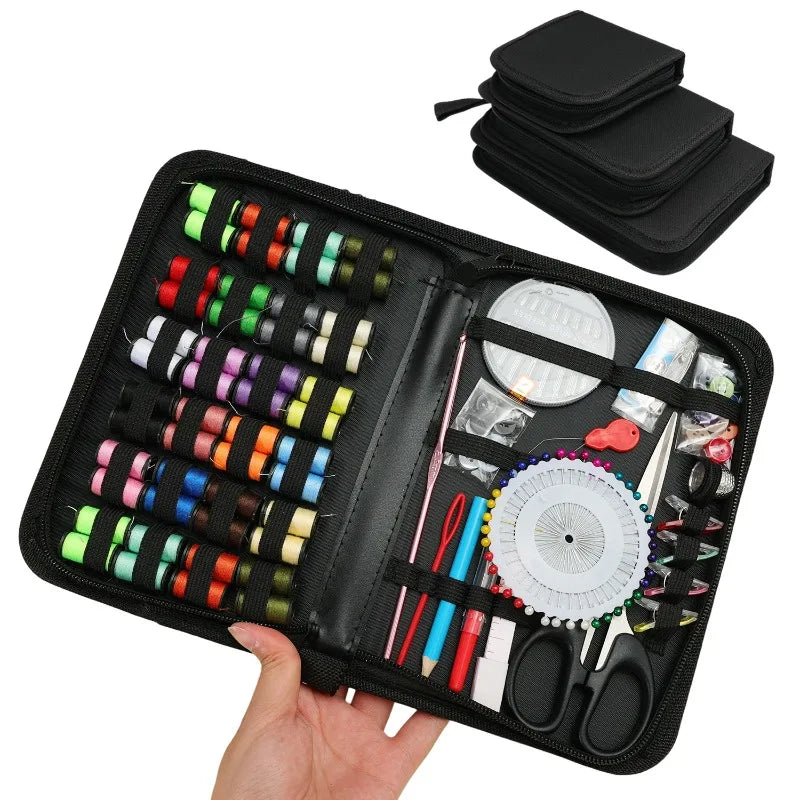 A black multi-function sewing kit is shown open, displaying various tools and needles.