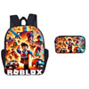 A black backpack with a colorful Roblox theme featuring characters and logos, paired with a matching pen case.