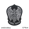 Black embroidered angel patch featuring a dove and wings with the text St. Michael Protectus