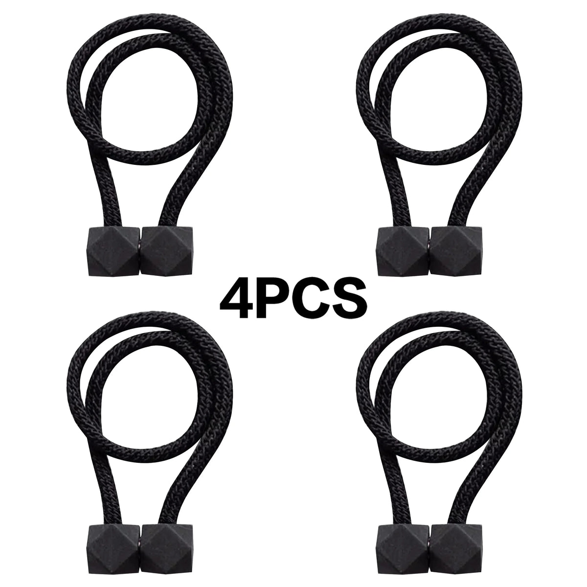 Set of four black magnetic curtain tiebacks with looped ends
