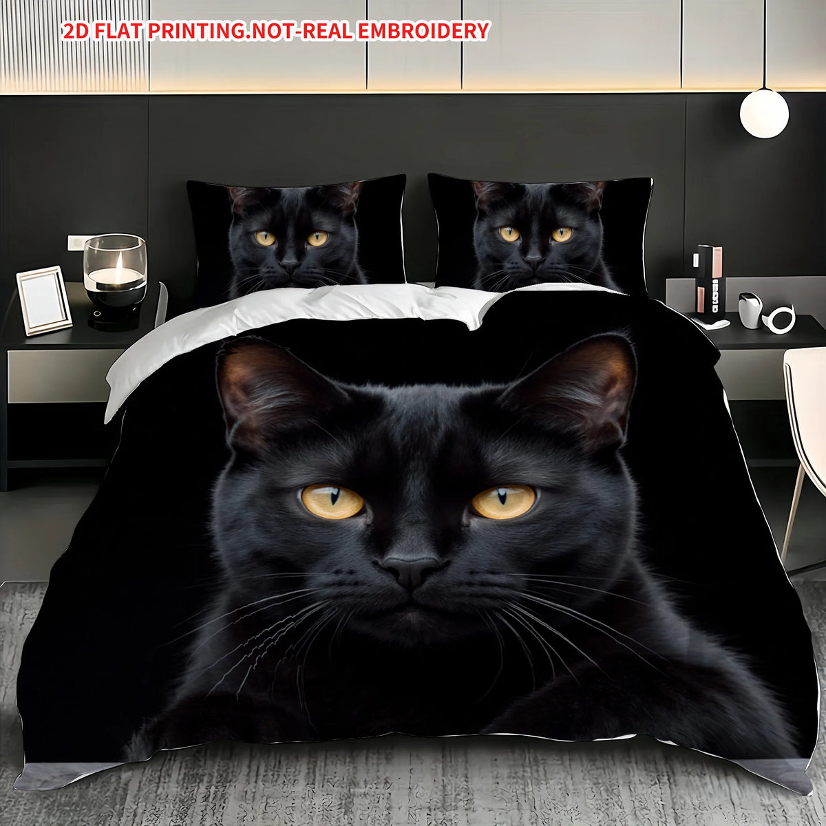 A black cat face design printed on a dark fabric for a quilt cover set.