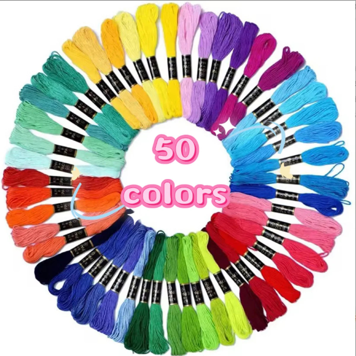 A circular display of 50 vibrant colors of polyester cross-stitch thread spools.