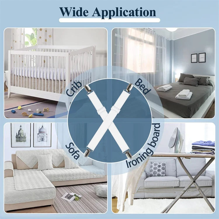A set of four adjustable bed sheet corner straps used for securing bedding, shown in various contexts like cribs, beds, and s
