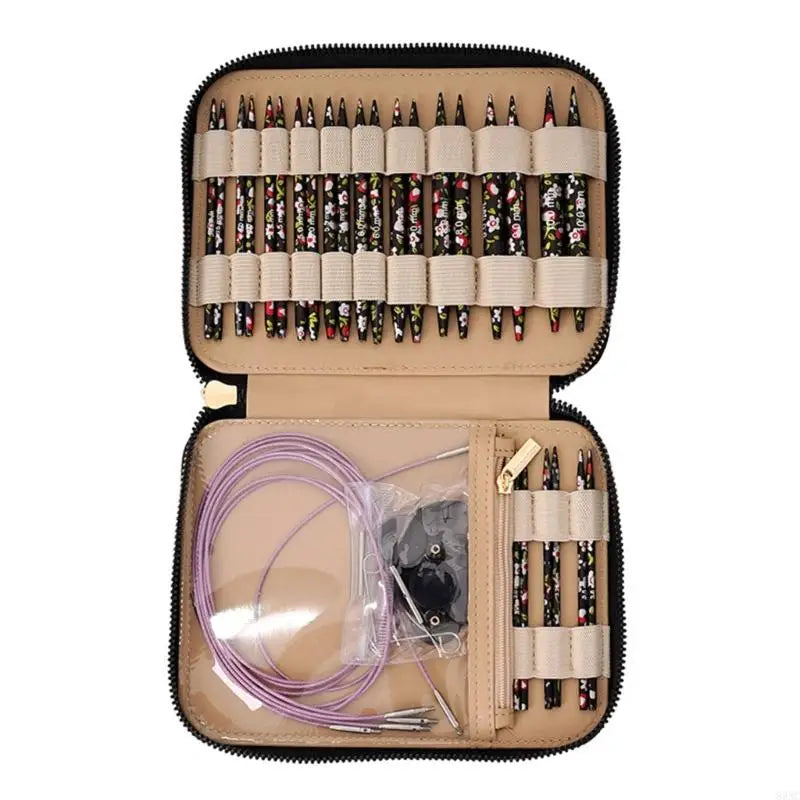 A set of interchangeable round knitting needles in various colors and sizes displayed in a padded case.