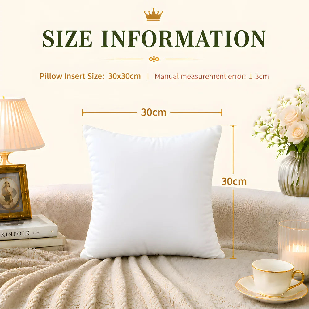 White high-resilience square cushion insert measuring 30x30cm displayed on a beige fabric.