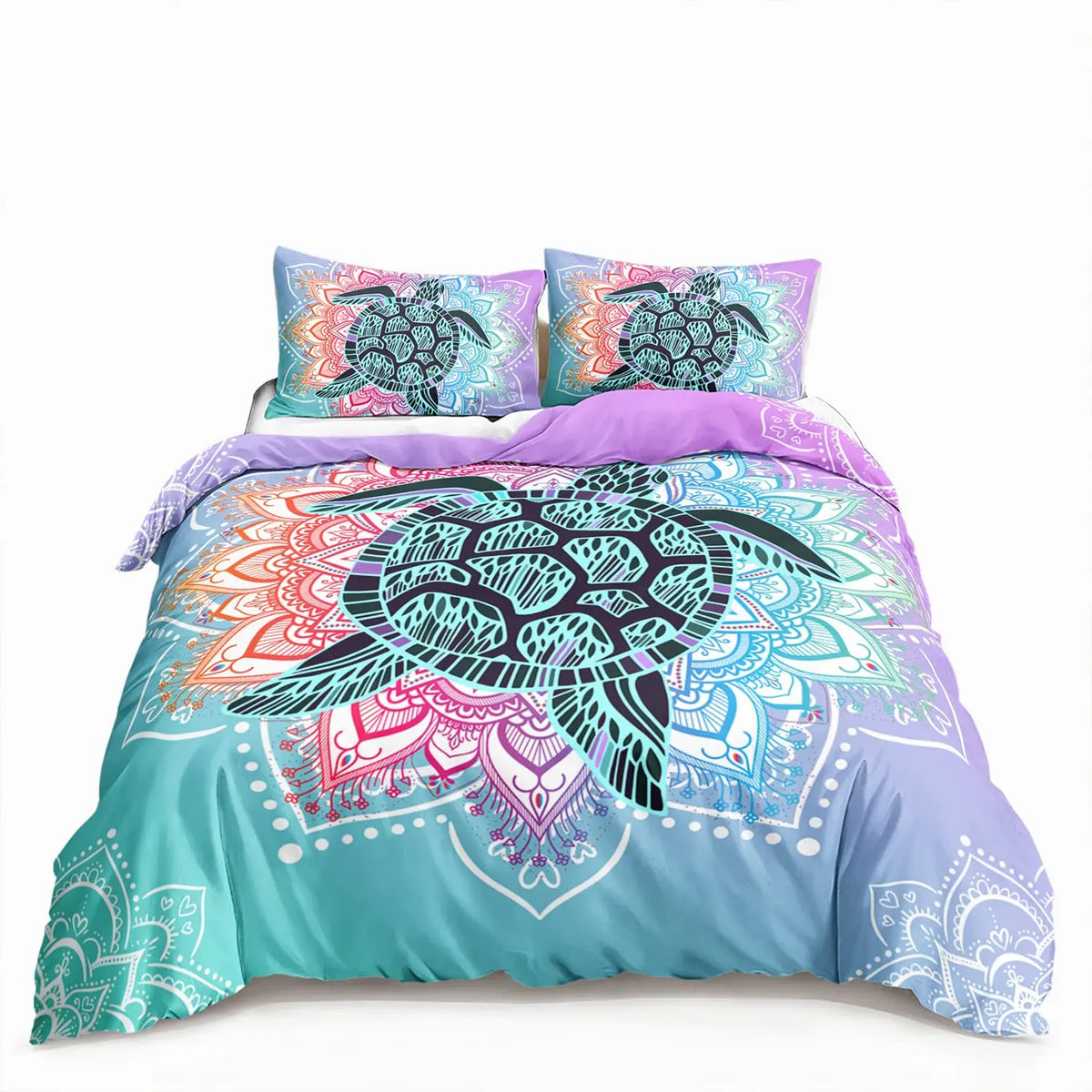 Sea turtle patterned duvet cover set featuring teal and purple tones.