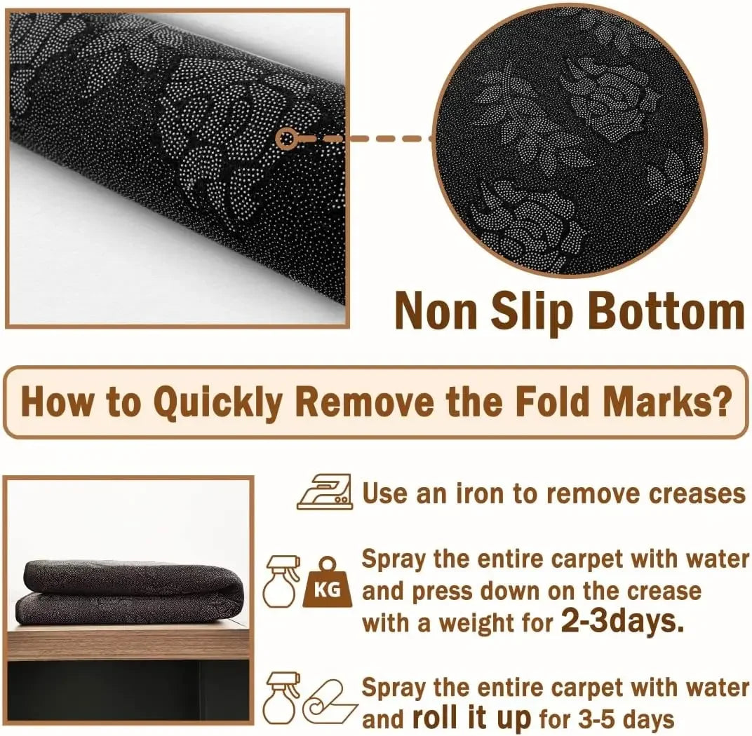 Image showing a non-slip bottom carpet and instructions on how to quickly remove fold marks using an iron or by spraying wate