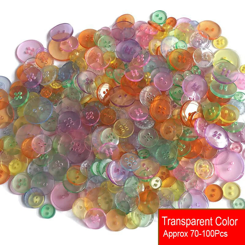 A pile of assorted transparent resin sewing buttons in various colors like pink, green, yellow, and purple.