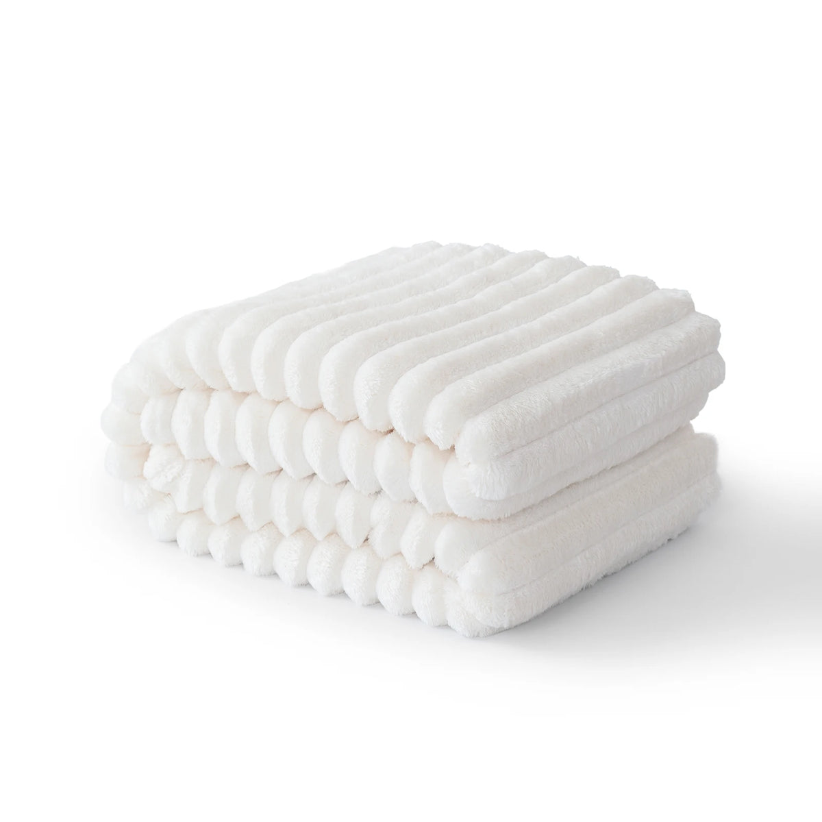 A stack of white striped flannel throw blankets folded neatly on a surface.