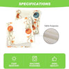 A beige fabric table runner with an orange pumpkin design and a close-up of the polyester weave.