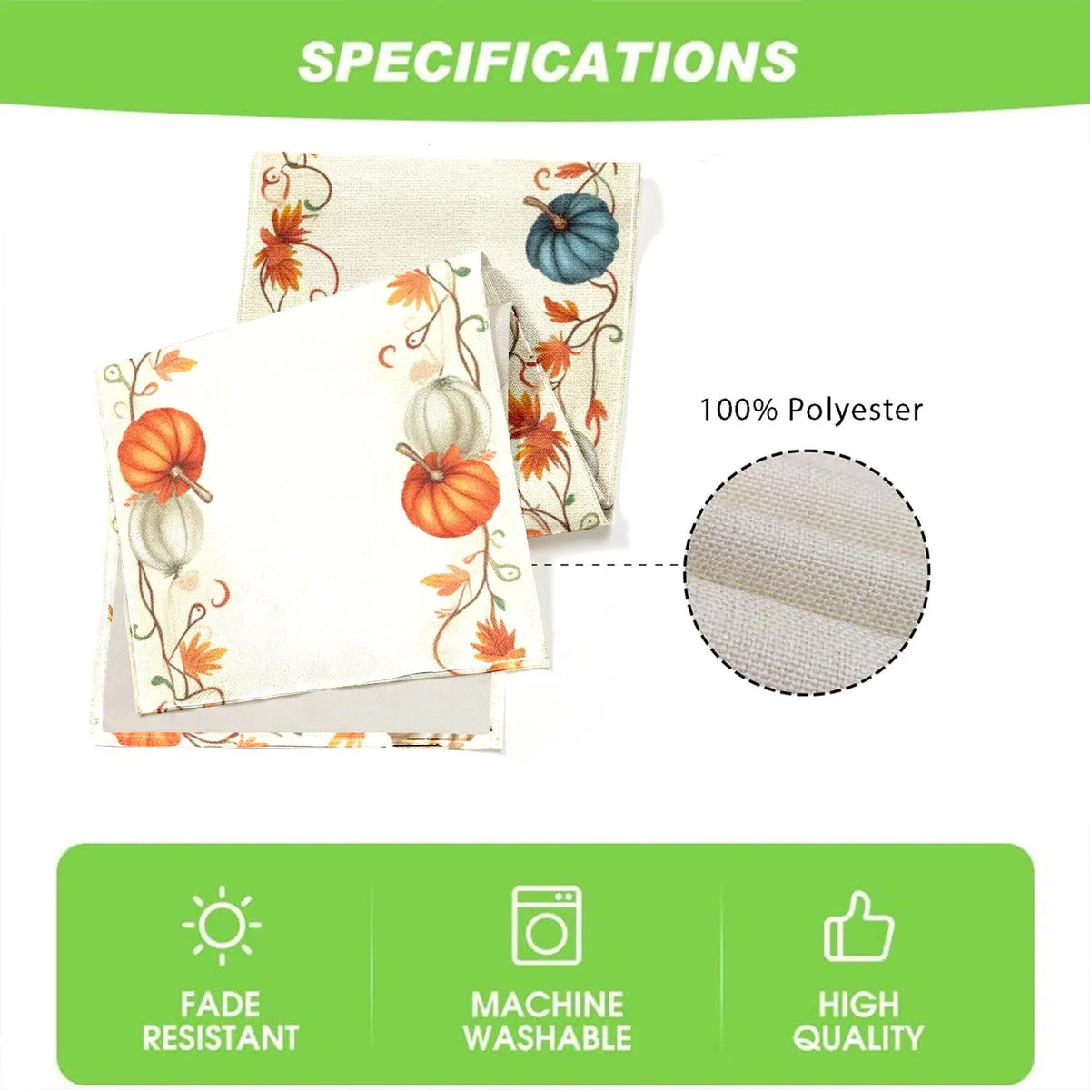 A beige fabric table runner with an orange pumpkin design and a close-up of the polyester weave.